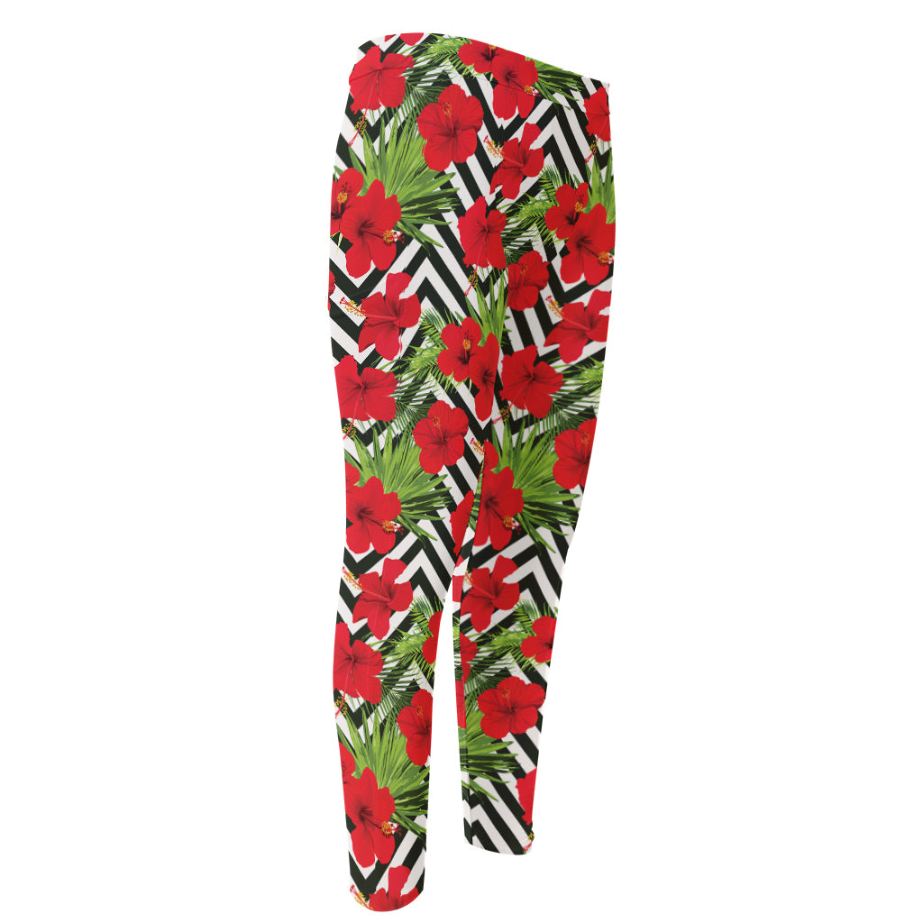 Red Hibiscus Chevron Pattern Print Men's Compression Pants