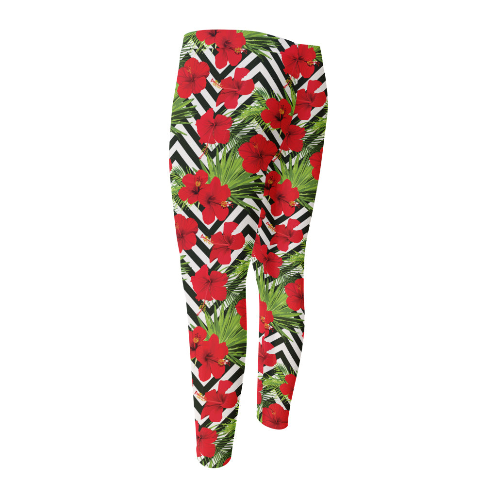 Red Hibiscus Chevron Pattern Print Men's Compression Pants