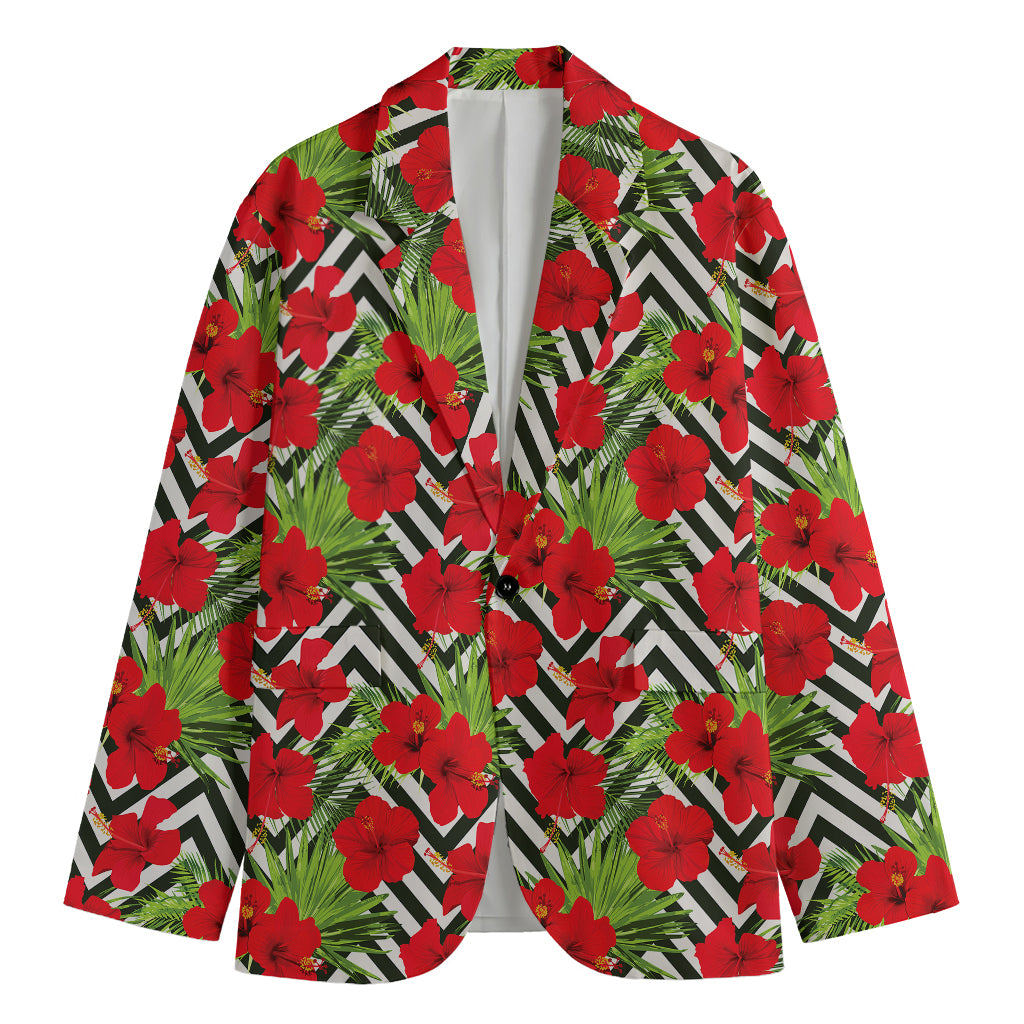 Red Hibiscus Chevron Pattern Print Men's Cotton Blazer
