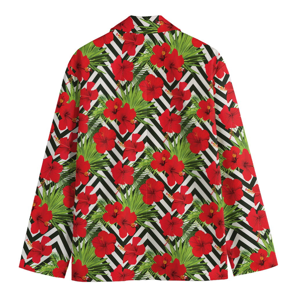 Red Hibiscus Chevron Pattern Print Men's Cotton Blazer
