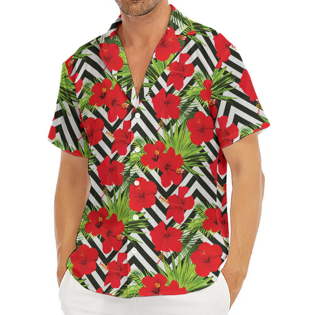 Red Hibiscus Chevron Pattern Print Men's Deep V-Neck Shirt