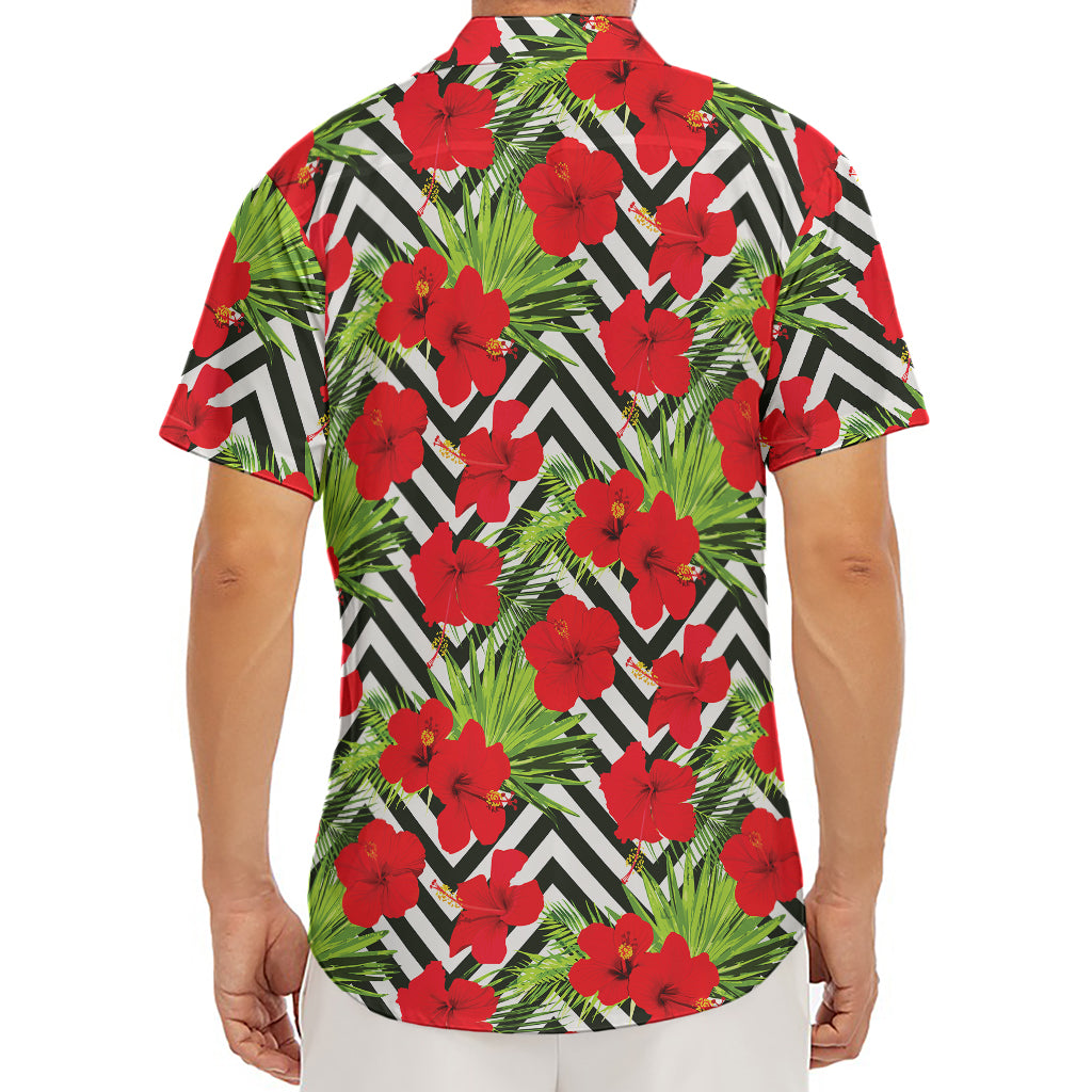 Red Hibiscus Chevron Pattern Print Men's Deep V-Neck Shirt