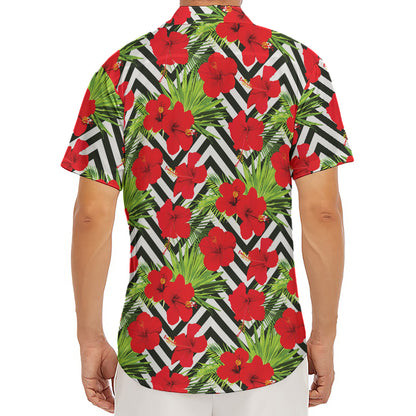 Red Hibiscus Chevron Pattern Print Men's Deep V-Neck Shirt