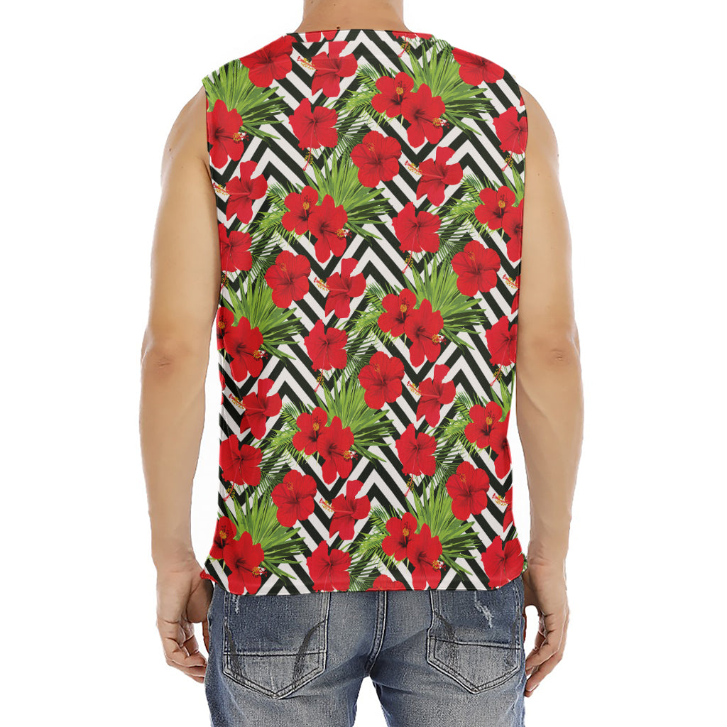 Red Hibiscus Chevron Pattern Print Men's Fitness Tank Top