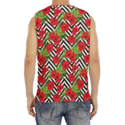 Red Hibiscus Chevron Pattern Print Men's Fitness Tank Top