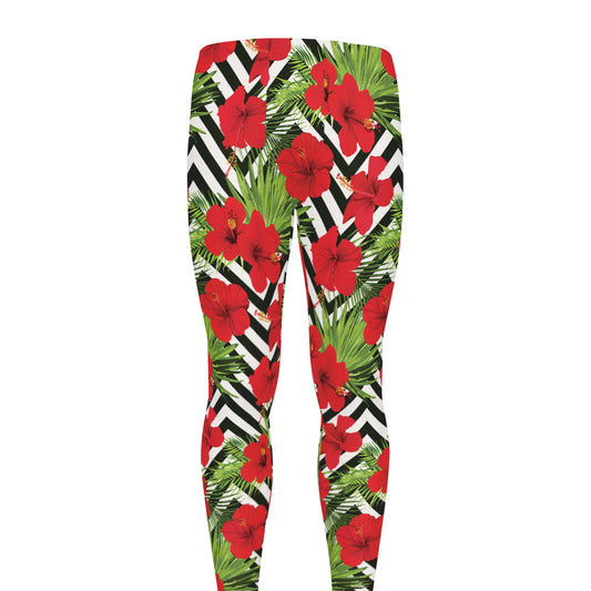 Red Hibiscus Chevron Pattern Print Men's leggings
