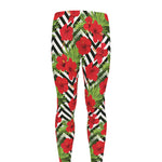 Red Hibiscus Chevron Pattern Print Men's leggings