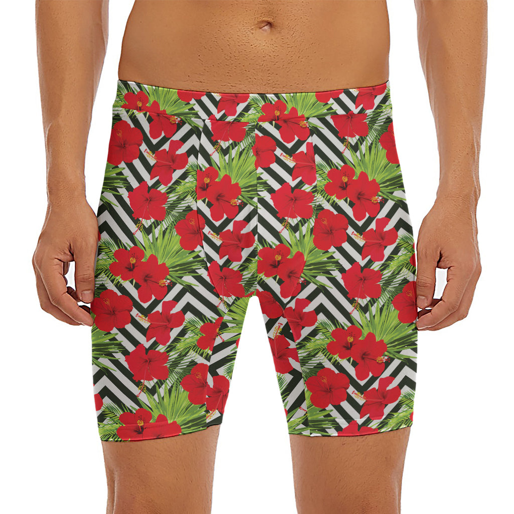 Red Hibiscus Chevron Pattern Print Men's Long Boxer Briefs