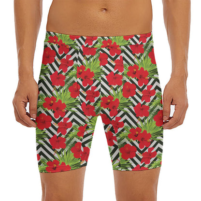 Red Hibiscus Chevron Pattern Print Men's Long Boxer Briefs