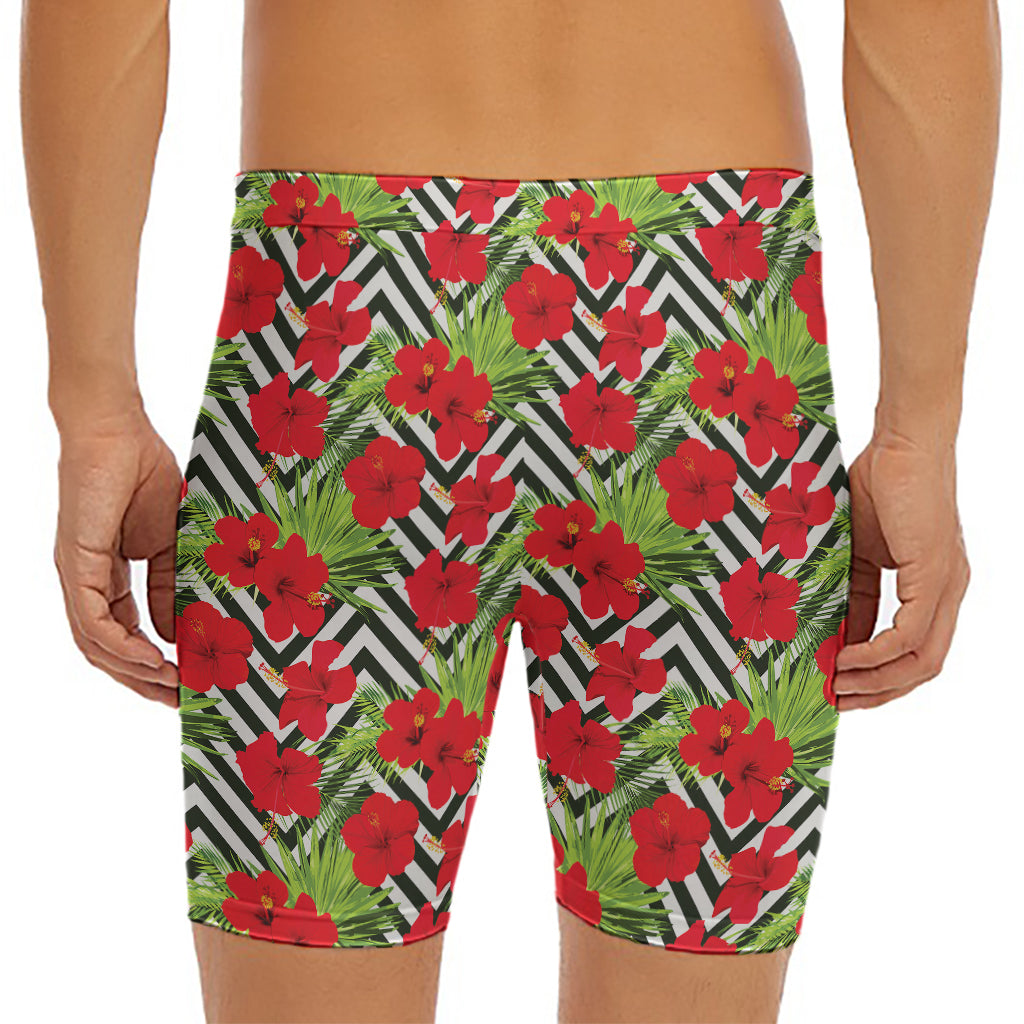 Red Hibiscus Chevron Pattern Print Men's Long Boxer Briefs