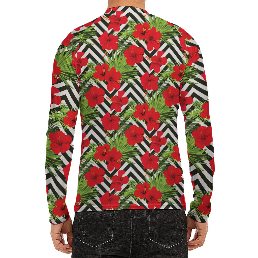 Red Hibiscus Chevron Pattern Print Men's Long Sleeve Rash Guard