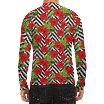 Red Hibiscus Chevron Pattern Print Men's Long Sleeve Rash Guard
