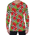 Red Hibiscus Chevron Pattern Print Men's Long Sleeve T-Shirt