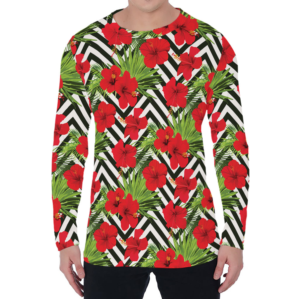 Red Hibiscus Chevron Pattern Print Men's Long Sleeve T-Shirt