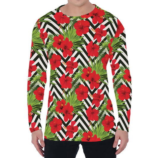Red Hibiscus Chevron Pattern Print Men's Long Sleeve T-Shirt