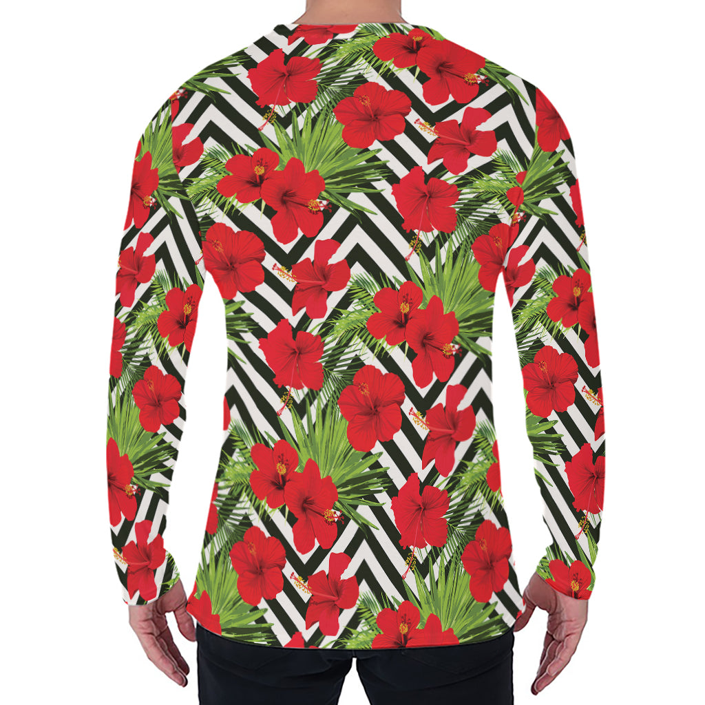 Red Hibiscus Chevron Pattern Print Men's Long Sleeve T-Shirt