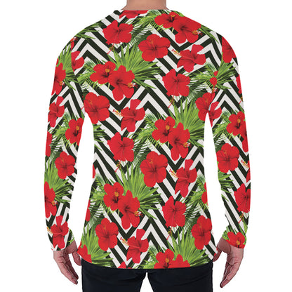 Red Hibiscus Chevron Pattern Print Men's Long Sleeve T-Shirt