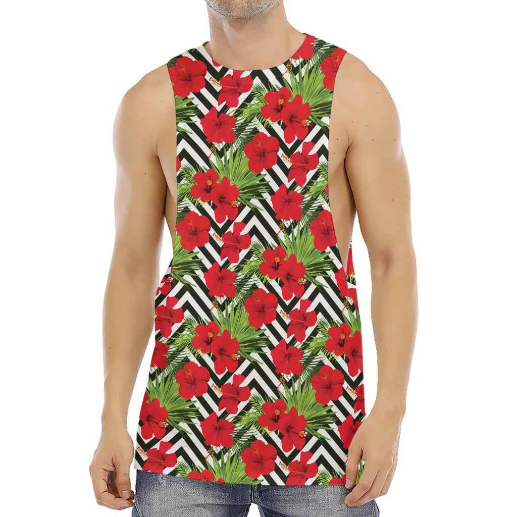 Red Hibiscus Chevron Pattern Print Men's Muscle Tank Top