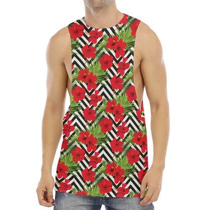 Red Hibiscus Chevron Pattern Print Men's Muscle Tank Top