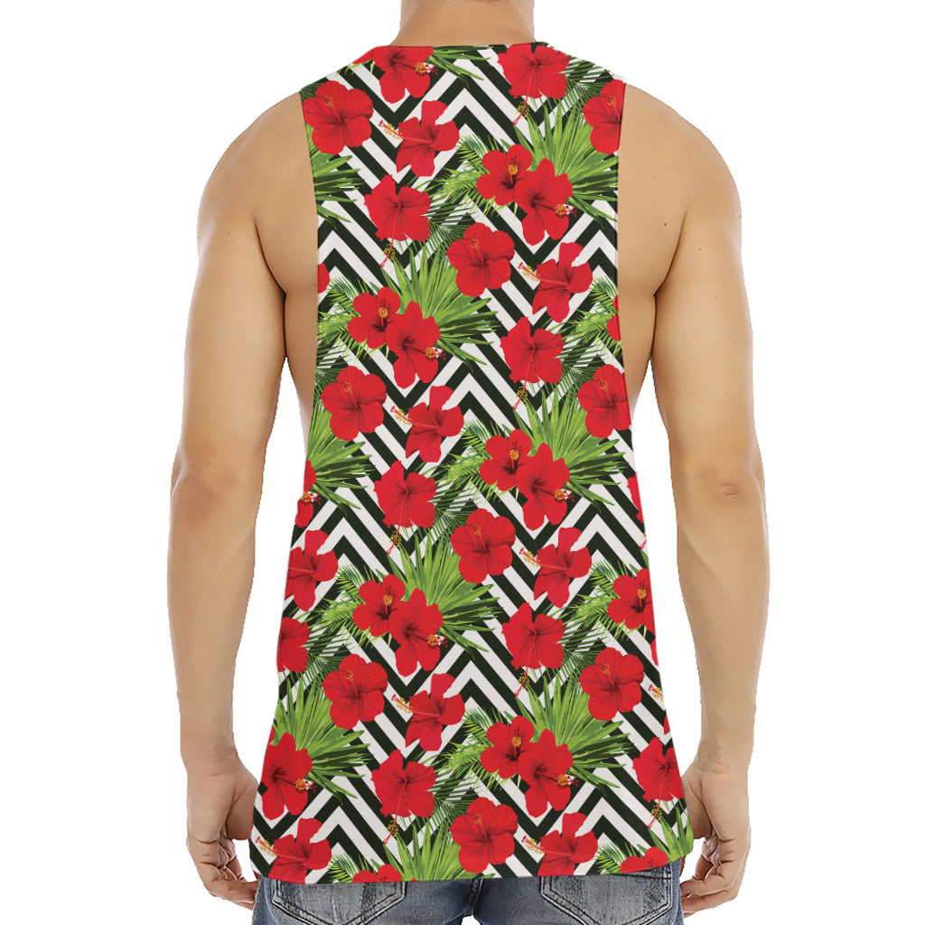Red Hibiscus Chevron Pattern Print Men's Muscle Tank Top