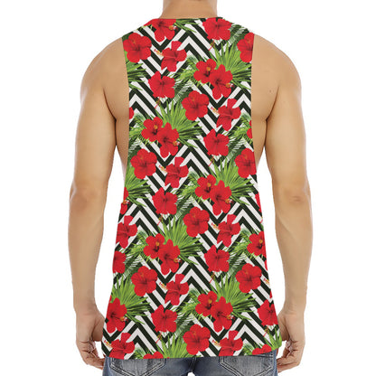 Red Hibiscus Chevron Pattern Print Men's Muscle Tank Top