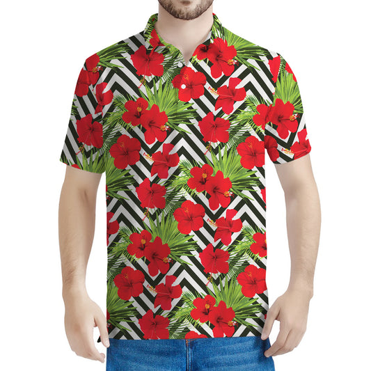 Red Hibiscus Chevron Pattern Print Men's Polo Shirt