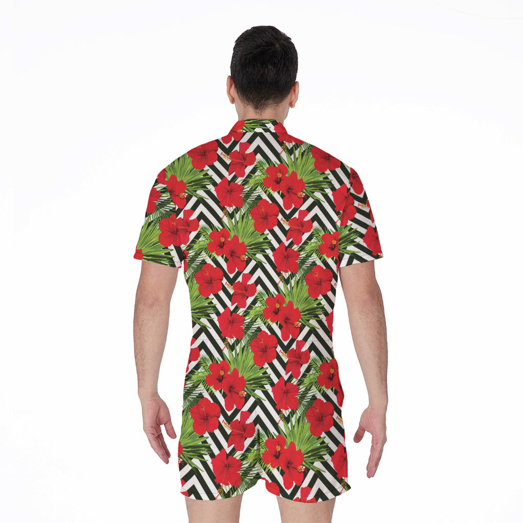 Red Hibiscus Chevron Pattern Print Men's Rompers
