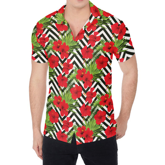 Red Hibiscus Chevron Pattern Print Men's Shirt