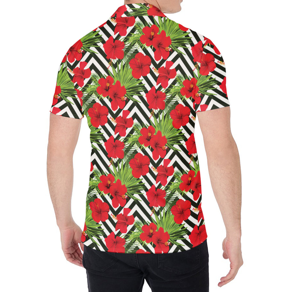 Red Hibiscus Chevron Pattern Print Men's Shirt