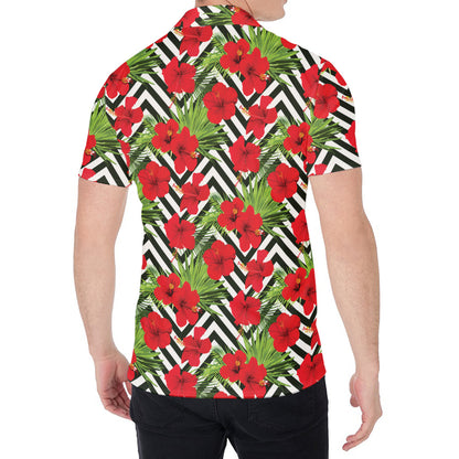 Red Hibiscus Chevron Pattern Print Men's Shirt
