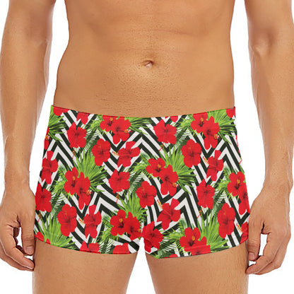 Red Hibiscus Chevron Pattern Print Men's Short Boxer Briefs