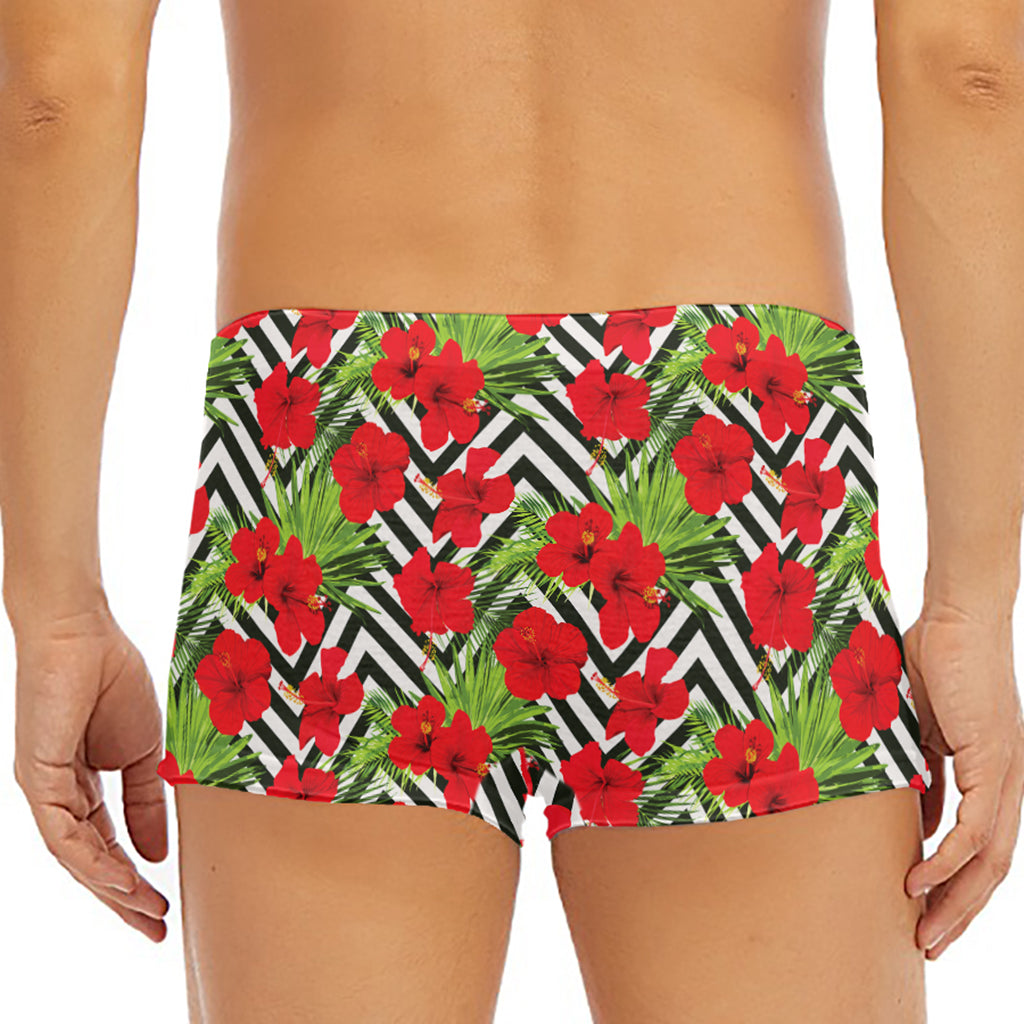 Red Hibiscus Chevron Pattern Print Men's Short Boxer Briefs