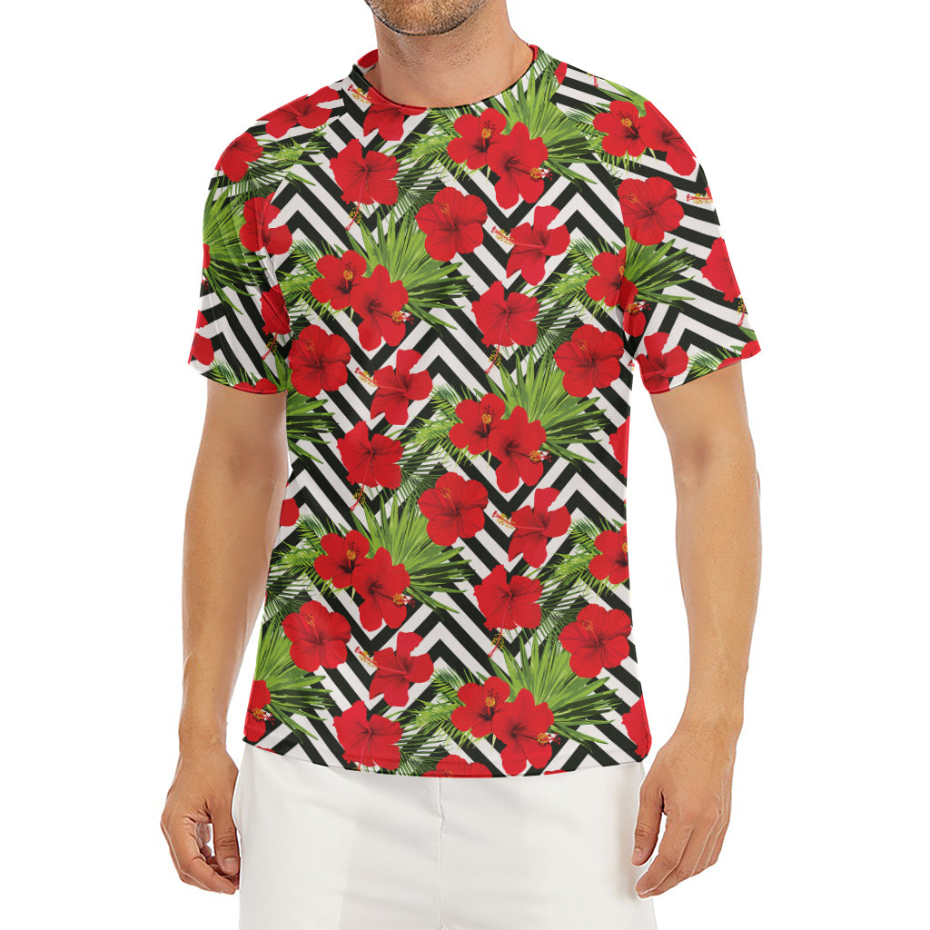 Red Hibiscus Chevron Pattern Print Men's Short Sleeve Rash Guard