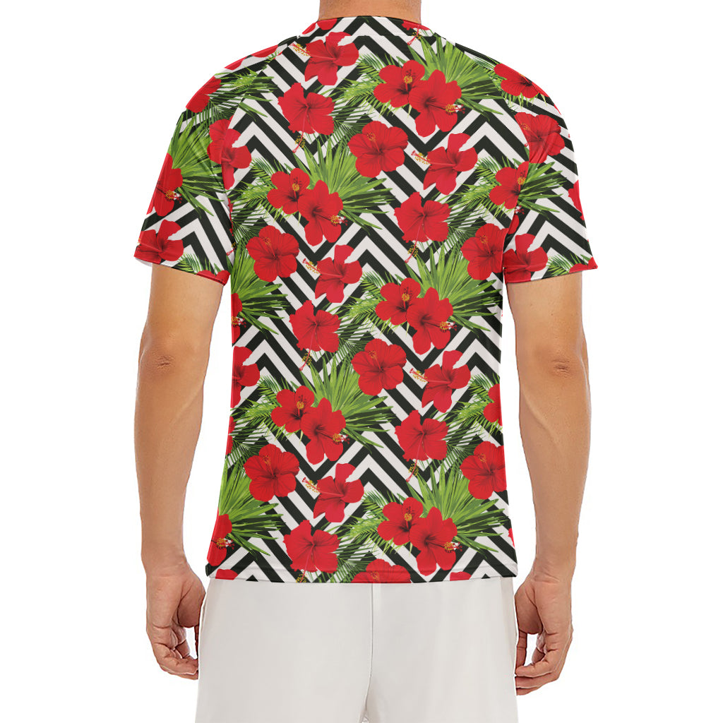 Red Hibiscus Chevron Pattern Print Men's Short Sleeve Rash Guard