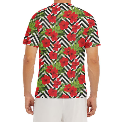 Red Hibiscus Chevron Pattern Print Men's Short Sleeve Rash Guard