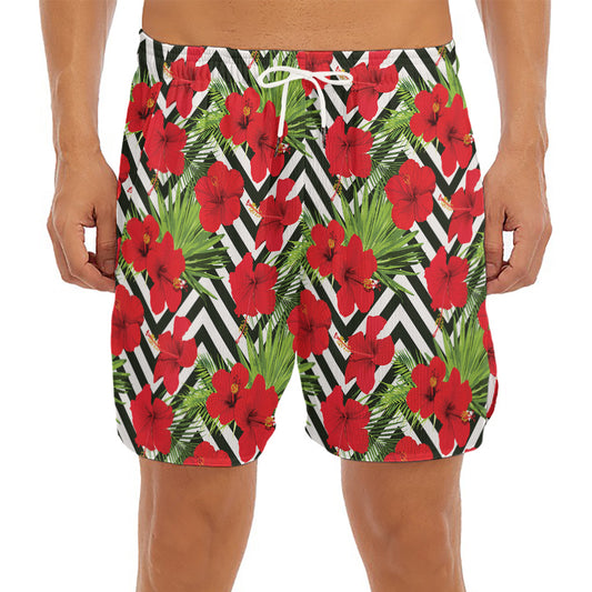 Red Hibiscus Chevron Pattern Print Men's Split Running Shorts
