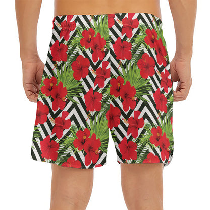 Red Hibiscus Chevron Pattern Print Men's Split Running Shorts