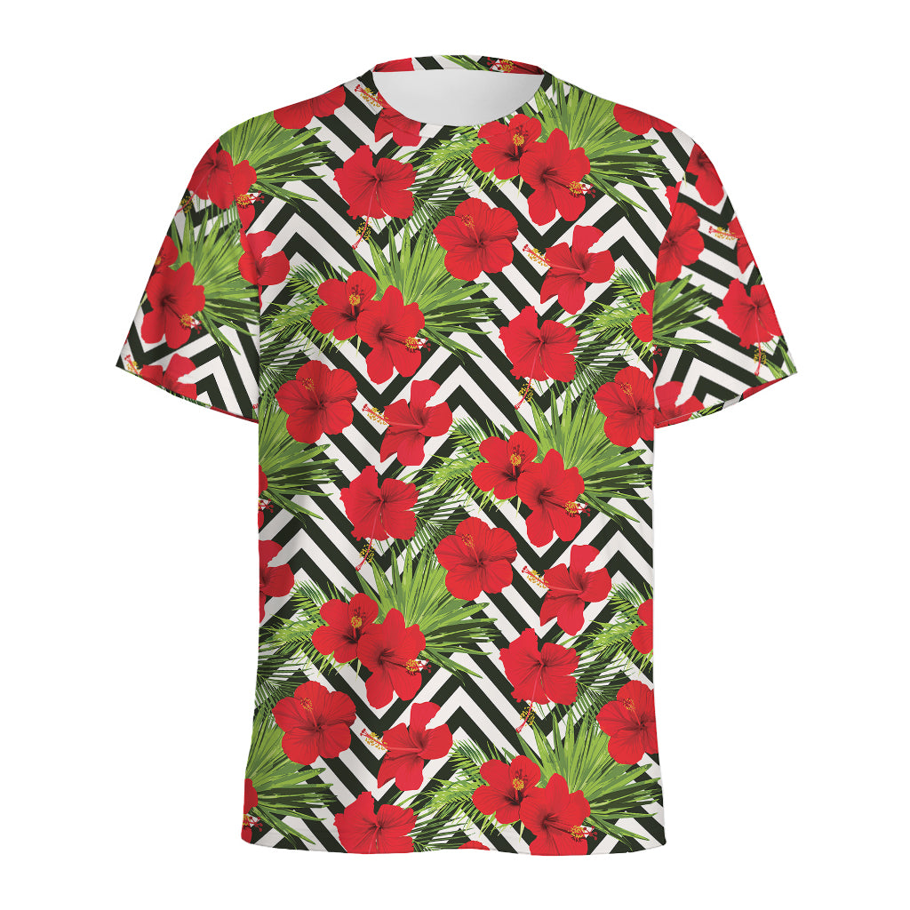 Red Hibiscus Chevron Pattern Print Men's Sports T-Shirt