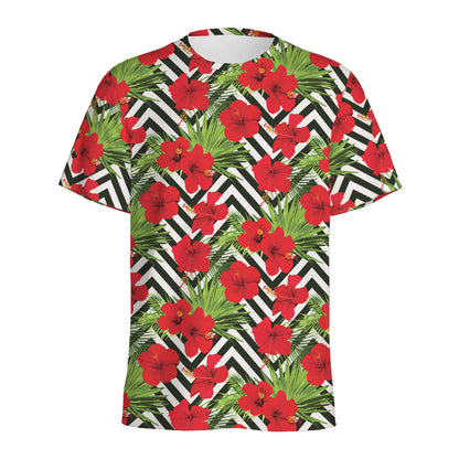 Red Hibiscus Chevron Pattern Print Men's Sports T-Shirt