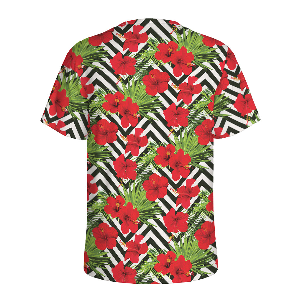 Red Hibiscus Chevron Pattern Print Men's Sports T-Shirt