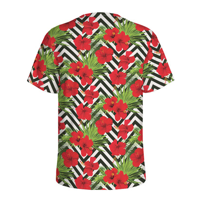 Red Hibiscus Chevron Pattern Print Men's Sports T-Shirt