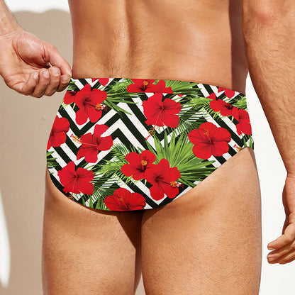Red Hibiscus Chevron Pattern Print Men's Swim Briefs