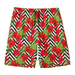 Red Hibiscus Chevron Pattern Print Men's Swim Trunks