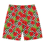 Red Hibiscus Chevron Pattern Print Men's Swim Trunks