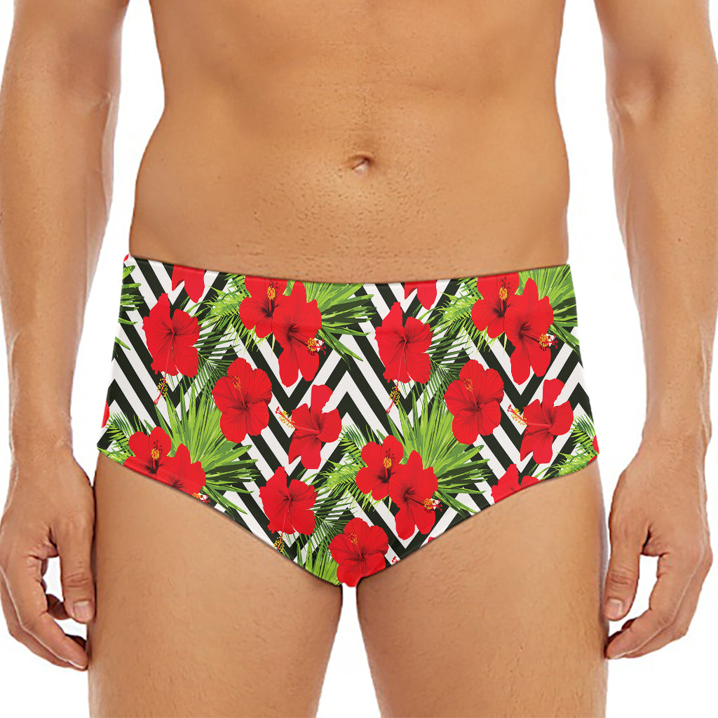 Red Hibiscus Chevron Pattern Print Men's Triangle Swim Briefs