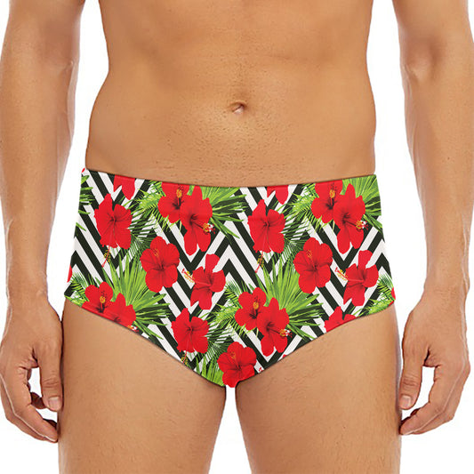 Red Hibiscus Chevron Pattern Print Men's Triangle Swim Briefs