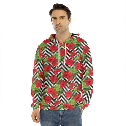 Red Hibiscus Chevron Pattern Print Men's Velvet Pullover Hoodie