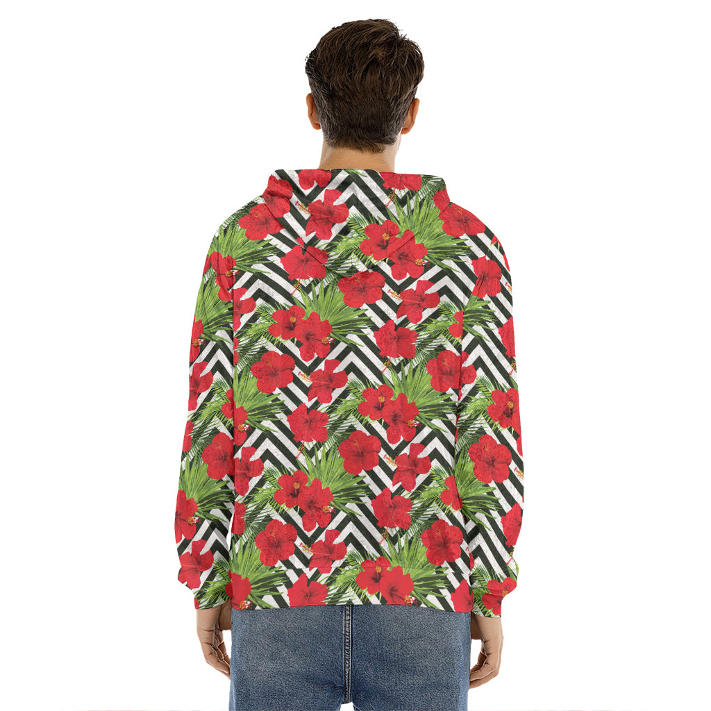 Red Hibiscus Chevron Pattern Print Men's Velvet Pullover Hoodie