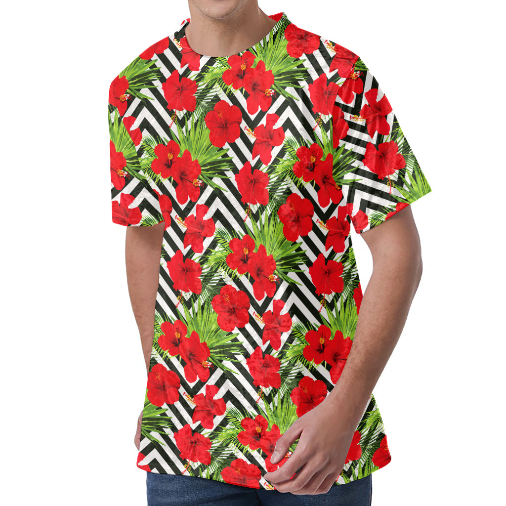 Red Hibiscus Chevron Pattern Print Men's Velvet T-Shirt
