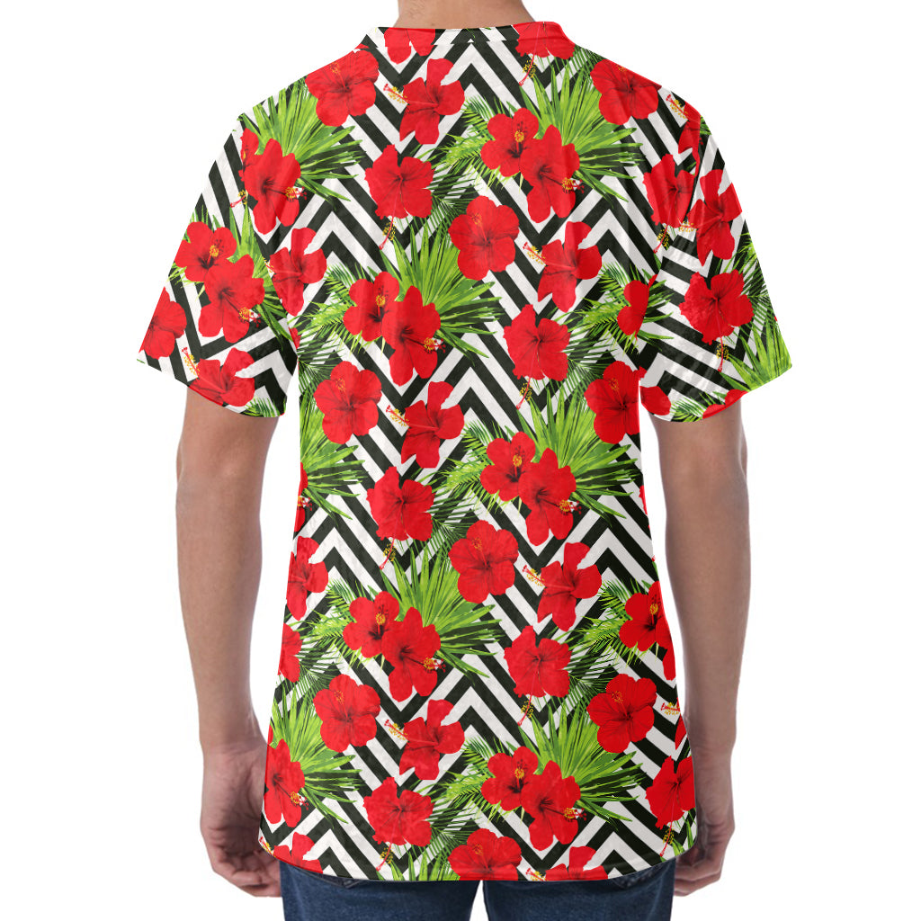 Red Hibiscus Chevron Pattern Print Men's Velvet T-Shirt
